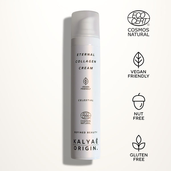 Eternal Collagen Cream, crème raffermissante, certifiée COSMOS NATURAL 50 ml presentée sur fond clair avec logos Ecocert, Vegan Friendly, Nut Free et Gluten Free – KALYAË ORIGIN